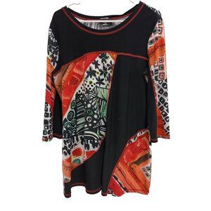 Libra Womens Wearable Art Tunic Top XL Black Red Abstract Patchwork 3/4 Sleeve